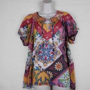 BCBGMaxazria Peasant Puff Sleeve Blouse Size XSmall in Multicolor Floral Pattern